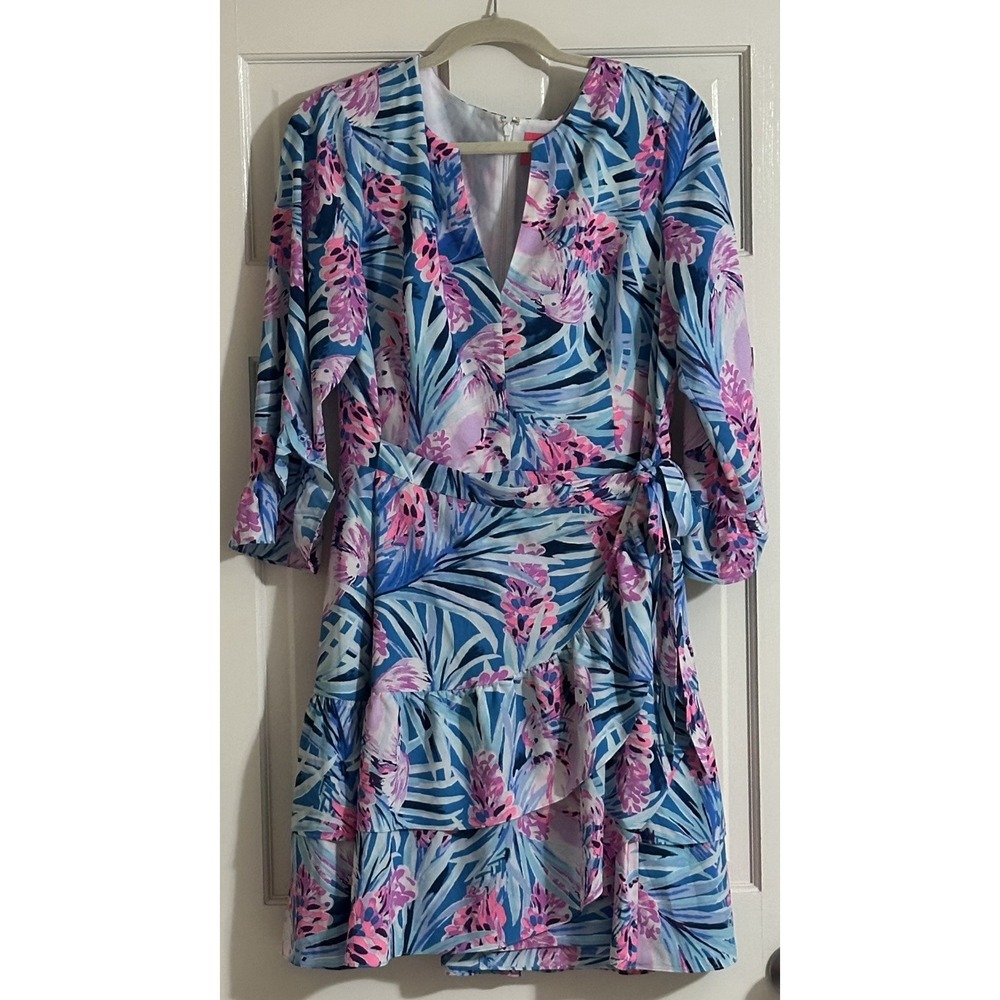 Lilly Pulitzer Laeda Stretch Wrap Dress, Peacock Blue Tweethearts, EUC